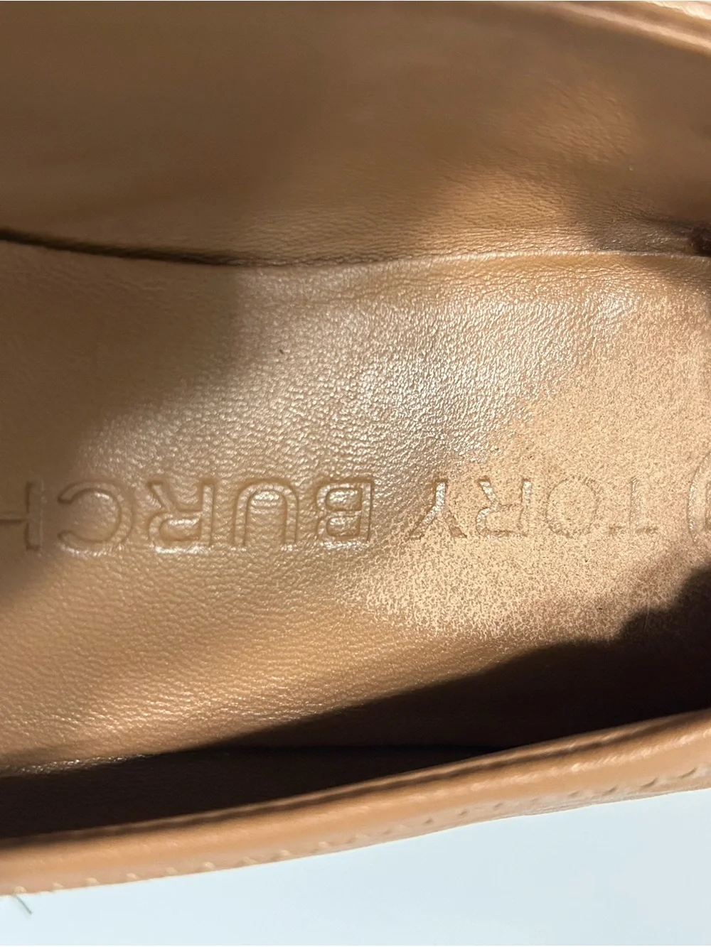 Tory Burch Tan Leather Logo Round-Toe Ballet Flats